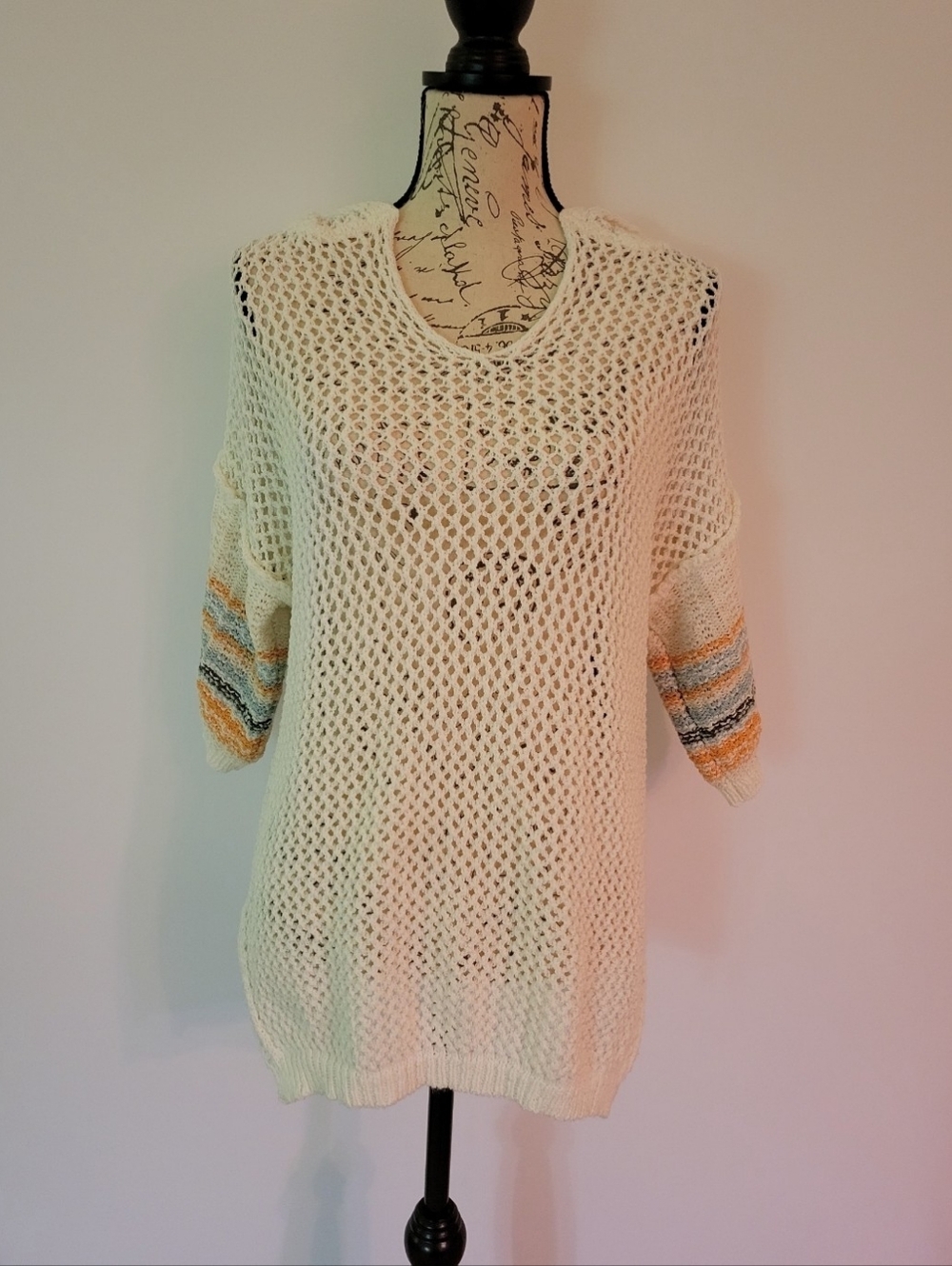 POL Open Knit Hooded Sweater With Striped Short Sleeves Women's Size M